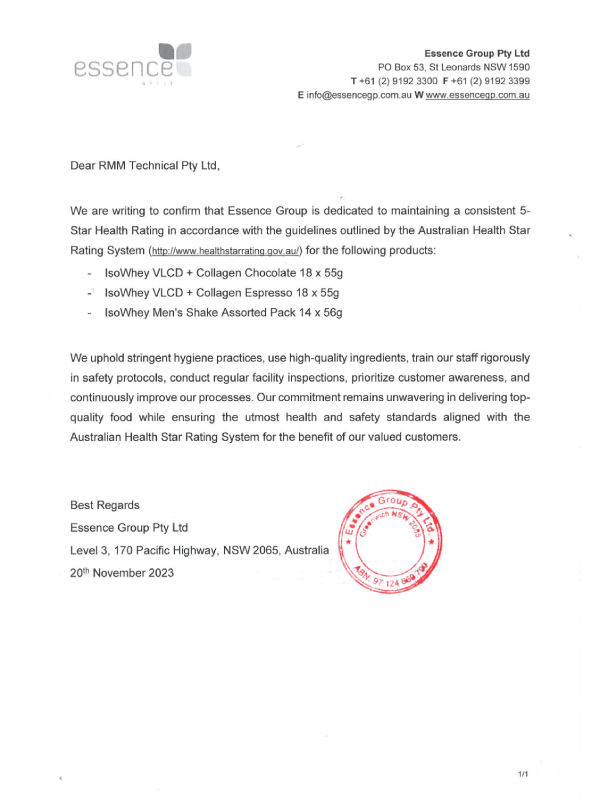 Isowhey certificate_IsoWhey Health Star Rating