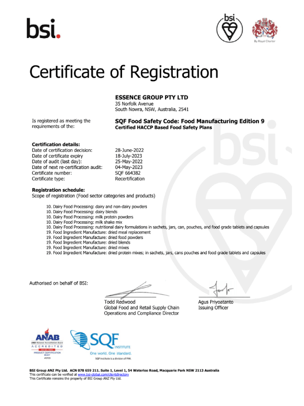 Isowhey certificate_SQF 664382 Food Safety